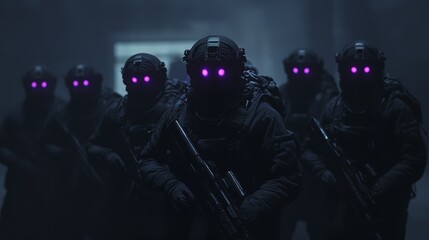 Fototapeta premium A shadowy squad of soldiers with glowing eyes on a nighttime mission in a dark, mysterious setting.