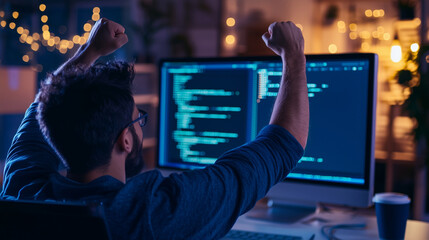 Game Developers Celebrate Deadline Success in Office Fist Pumping