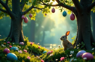 The magical forest on Easter morning, where the trees are decorated with multi -colored eggs, rabbits in costumes carry gifts, and luminous fairies fly in the ai