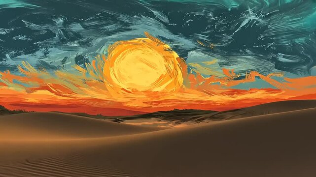 Vibrant sunset over rolling sand dunes with dramatic clouds and warm colors reflecting in the sky