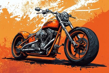 Vibrant orange motorcycle with detailed engine and thick tires against an abstract backdrop