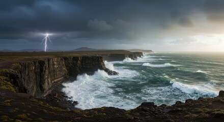 Fototapeta premium Dramatic Lightning Strikes Over Rugged Coastal Cliffs at Dusk