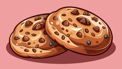 chocolate cookies against pink background, closeup of two cookies with chocolate chips displayed in neutral background. Ideal for bakery and food content