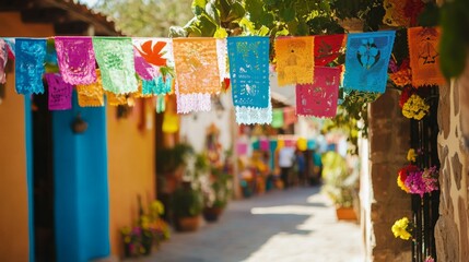 Colorful Papel Picado Decorations Hanging Over A Charming Street In A Historic Village