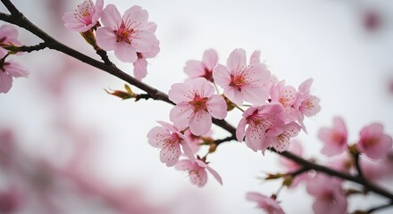 Obraz premium Delicate Cherry Blossoms in Full Bloom against a Soft Sky Backdrop