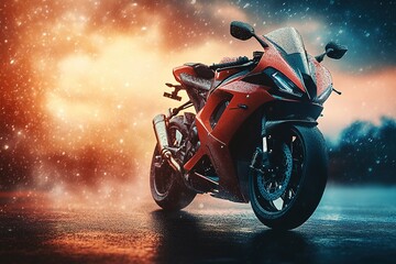 Red Superbike: Modern motorcycle gleaming under heavy rain parked on a wet road