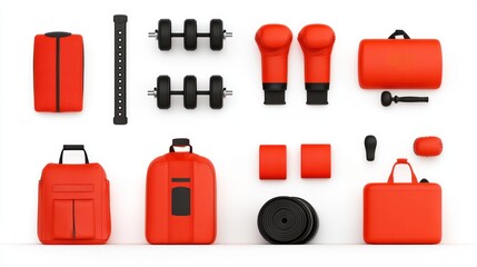 Fitness and Martial Arts Equipment Flat Lay: Red Bags, Dumbbells, Boxing Gloves