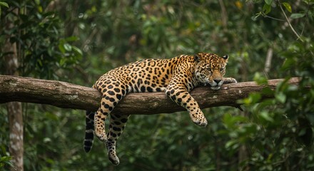 Obraz premium Jaguar resting on a tree branch in a lush green rainforest setting