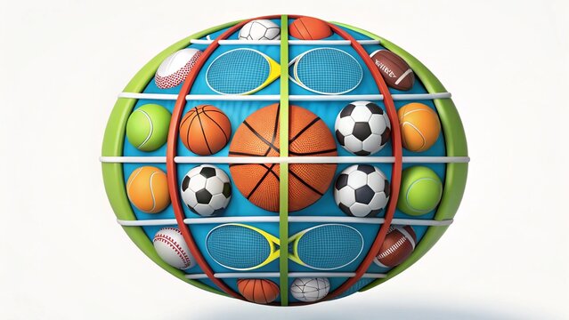 A vibrant sphere filled with various sports balls, arranged in a grid pattern. - Powered by Adobe