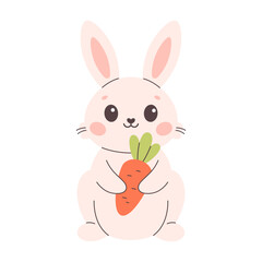 Cute bunny with carrot. Design for stickers, cards, posters, banners, scrapbooking. Vector illustration in flat style