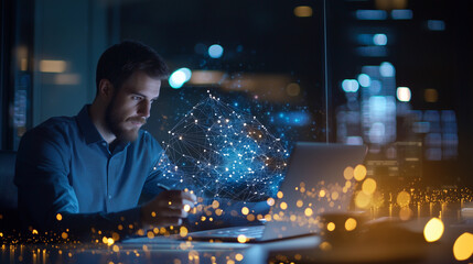 Aman coding with a hologram in a futuristic office setting