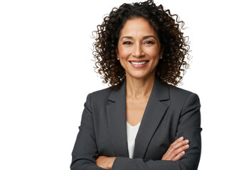 Portrait of 50 years old smiling woman looking at camera with crossed arms isolated on White background