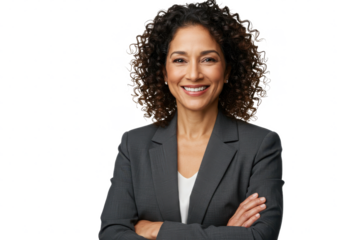 Portrait of 50 years old smiling woman looking at camera with crossed arms isolated on White background