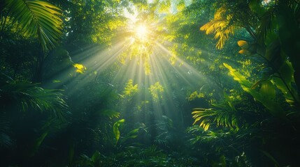 Obraz premium Sunlight piercing through the lush canopy of a tropical rainforest in ultra-HD clarity
