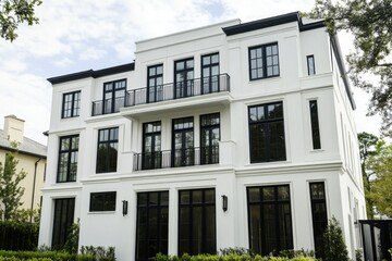 Modern white residence featuring large black-framed windows and balconies located in a tranquil neighborhood surrounded by greenery