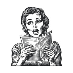 Vintage Woman Reading Book in Woodcut Style Art Illustration