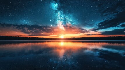 Serene night at the lake with stars reflecting off calm waters and vibrant colors