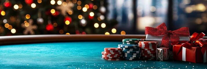 Christmas Casino Holiday Gifts - Festive casino scene with presents and poker chips on a green felt table, Christmas tree bokeh in the background