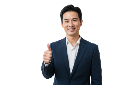 Studio shot of a handsome sales business man smiling and thumbs up isolated on White background