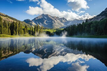 Misty reflections over a serene mountain lake in stunning 8K resolution