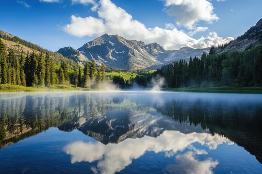 Misty reflections over a serene mountain lake in stunning 8K resolution