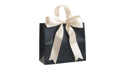 A dark, sleek shopping bag is decorated with a large cream-colored satin bow.