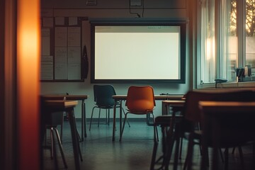 Classroom with Projector Screen and Empty Desks with chairs ready for students