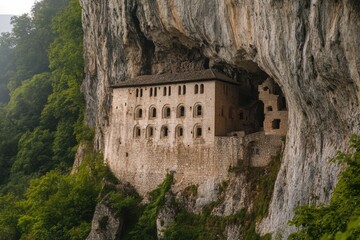 Fototapeta premium Cliffside monastery built into the rock in stunning 8K resolution