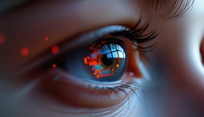 Close-Up of Human Eye with Digital Interface and Red Glows