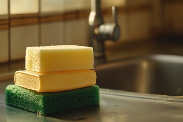 Dishwashing liquid and sponges positioned near a kitchen sink area Generative AI