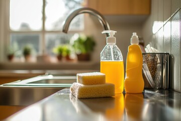 Dishwashing liquid and sponges on kitchen counter near sink Generative AI
