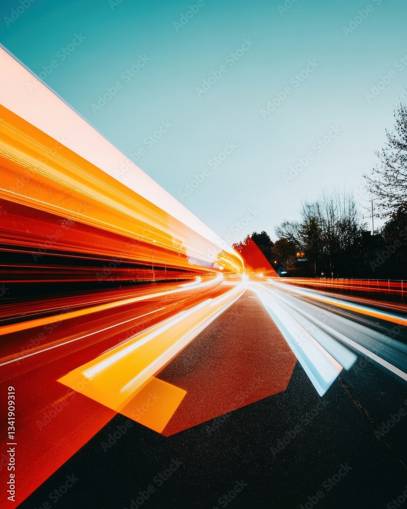 Poster Dynamic Motion Blur High-Speed Urban Transportation Visualization with Vibrant Gradient Lighting - Next-Gen Mobility Design and Technological Innovation Concept