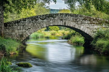 Fototapeta premium Ancient stone bridge spans tranquil river during mid-afternoon light in lush countryside