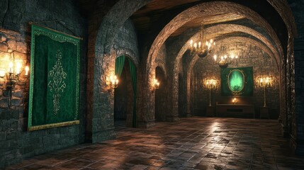 Fototapeta premium Mysterious Medieval Castle Hallway with Emerald Tapestries and Candelabras