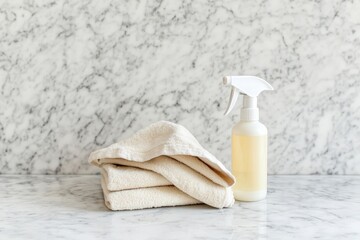 Spray bottle and dusting cloth on a marble countertop for cleaning Generative AI