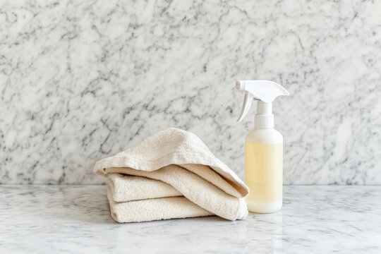 Spray bottle and dusting cloth on a marble countertop for cleaning Generative AI