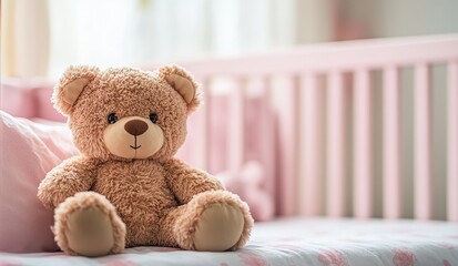 A soft, plush teddy bear sitting on a pink crib in a cozy nursery with gentle sunlight filtering through