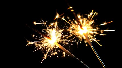 Two sparkling fireworks against a black background. Perfect for celebration, New Year, festive designs.