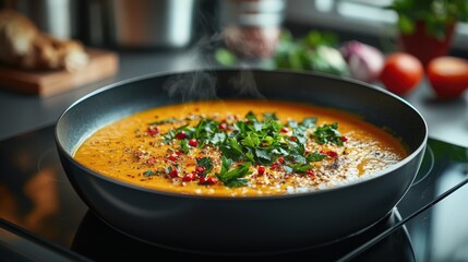 Gourmet pumpkin soup cooking on glossy black induction cooktop in modern kitchen