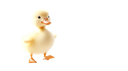 The image features a digitally rendered, fluffy yellow duckling with an orange beak, standing on a black background.