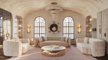Luxurious cream living room with arched windows, featuring a plush sofa and armchairs, a modern coffee table, and a statement chandelier; interior design inspiration