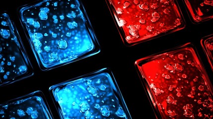 Red and blue liquid cubes, laboratory background
