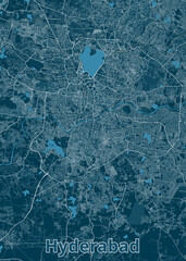 A detailed map of Hyderabad, India, rendered in a minimalist style. The map features a dark blue background with white lines representing roads and waterways.
