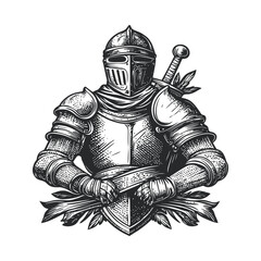 Obraz premium Vintage Woodcut of Knight in Armor Holding Sword and Shield