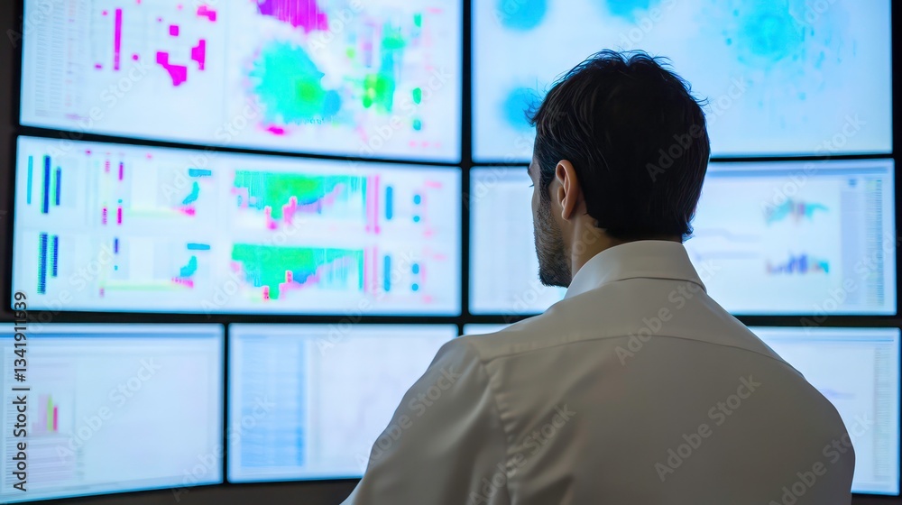 Poster a professional observing multiple screens displaying data and graphs, focused on analyzing financial