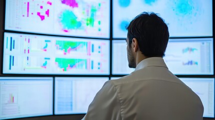 A professional observing multiple screens displaying data and graphs, focused on analyzing financial markets or technology metrics.