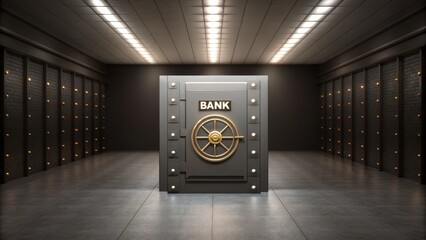 A modern bank vault with a prominent safe in the center and rows of secure storage lockers lining the walls.