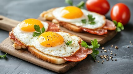 a close-up shot of two sunny-side-up eggs with bacon served on toast on a wooden board with tomatoes and herbs
