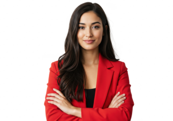 Portrait of a woman in a red jacket with arms crossed against isolated on White background