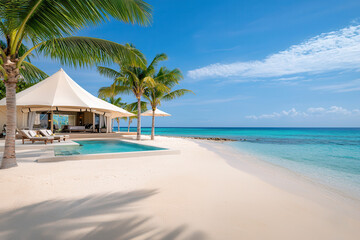 Luxury camping tent resort getaway. Tropical beach scene with palm trees and a luxurious cabana.